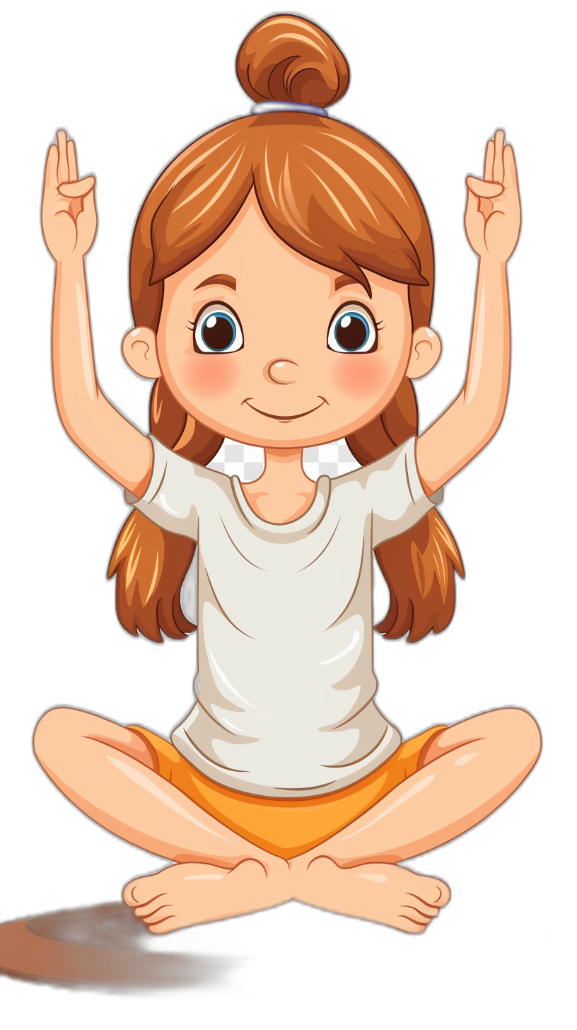 Cute cartoon girl doing yoga, sitting cross-legged with her hands raised above her head and making the ‘illumination’ gesture. She has brown hair in pigtails and is wearing a white short-sleeved shirt and orange shorts. Vector illustration on a black background.