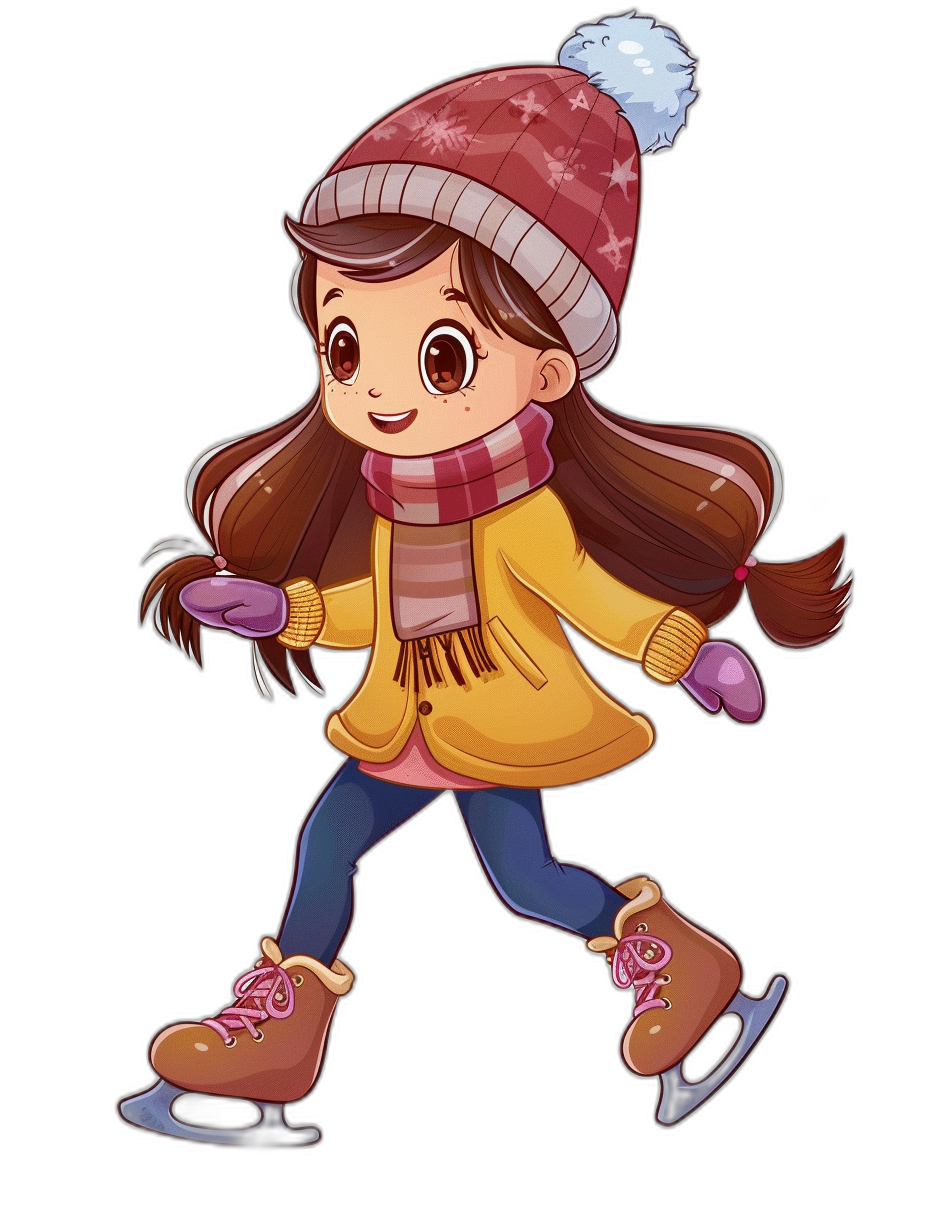 A cute girl skating, wearing winter  and a hat, in the style of clip art style cartoon illustration on a black background