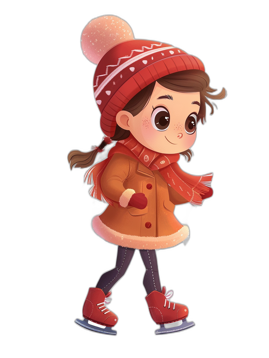 A cute little girl is ice skating, wearing a red hat, coat and scarf against a black background. The style is cartoon-like with simple lines and a flat illustration. The character design has a chibi style with a full body portrait rendered in 3D at a high resolution.