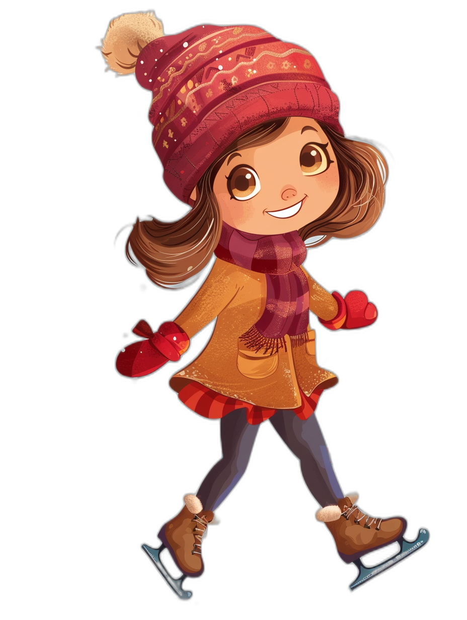 A cute girl ice skating, wearing winter  and a hat, in the style of a cartoon illustration with warm color tones and an earthy palette, presented as a high resolution digital art image.