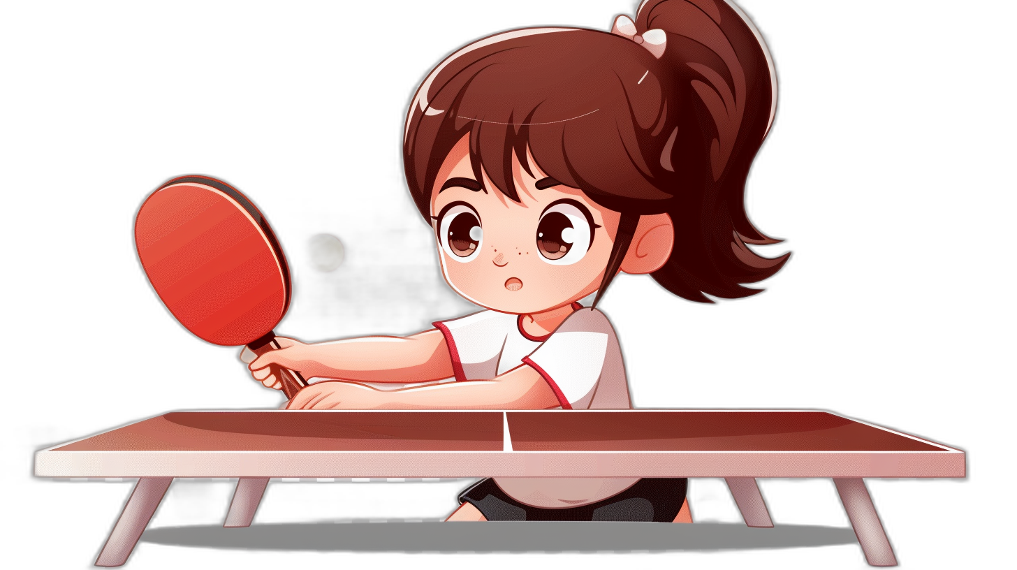 A girl playing table tennis in a cartoon style with simple lines on a black background in a high resolution, cute and dreamy image.