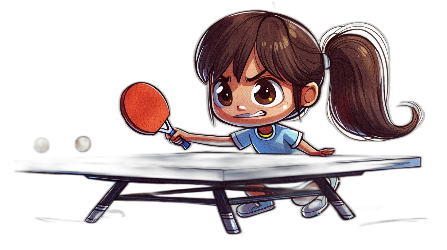 chibi style, cute girl playing table tennis, happy face, cartoon art style, black background, high quality, high resolution, dark blue and white , brown hair in ponytail with bangs, red Pala baton in hand