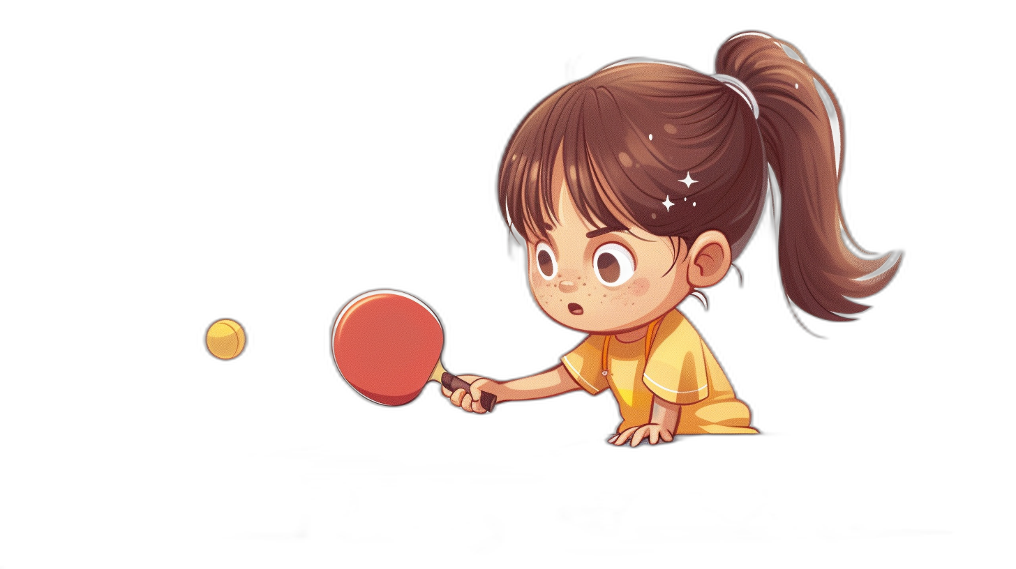 chibi style, little girl playing table tennis, holding the racket with one hand and hitting an yellow ball on black background, cartoon vector illustration, flat design, 2d game art, simple, cute, adorable, high resolution, hyperdetailed, smooth and shiny, high details