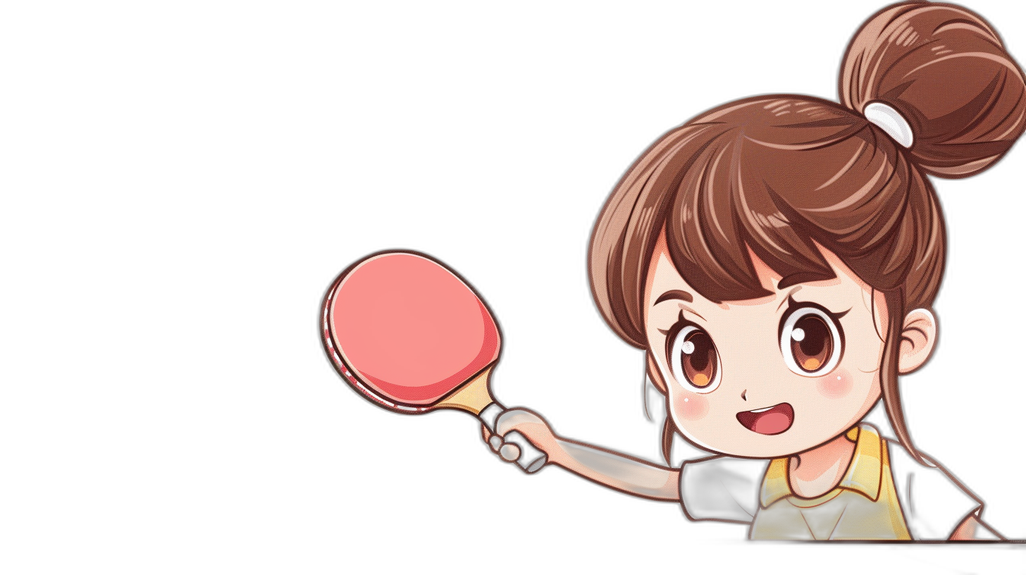 Chibi style female table tennis player with brown hair in a ponytail, smiling and holding the pink hitting side of her bat in the style of her baton on a black background, vector art, vector logo for sticker, cartoon anime aesthetic suitable for unreal engine 5.