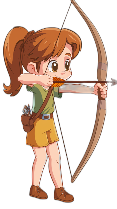 Cute cartoon vector style illustration of an archer girl with brown hair and a green shirt, yellow shorts, holding a bow in her hand ready to shoot an arrow against a black background, in a full body shot.