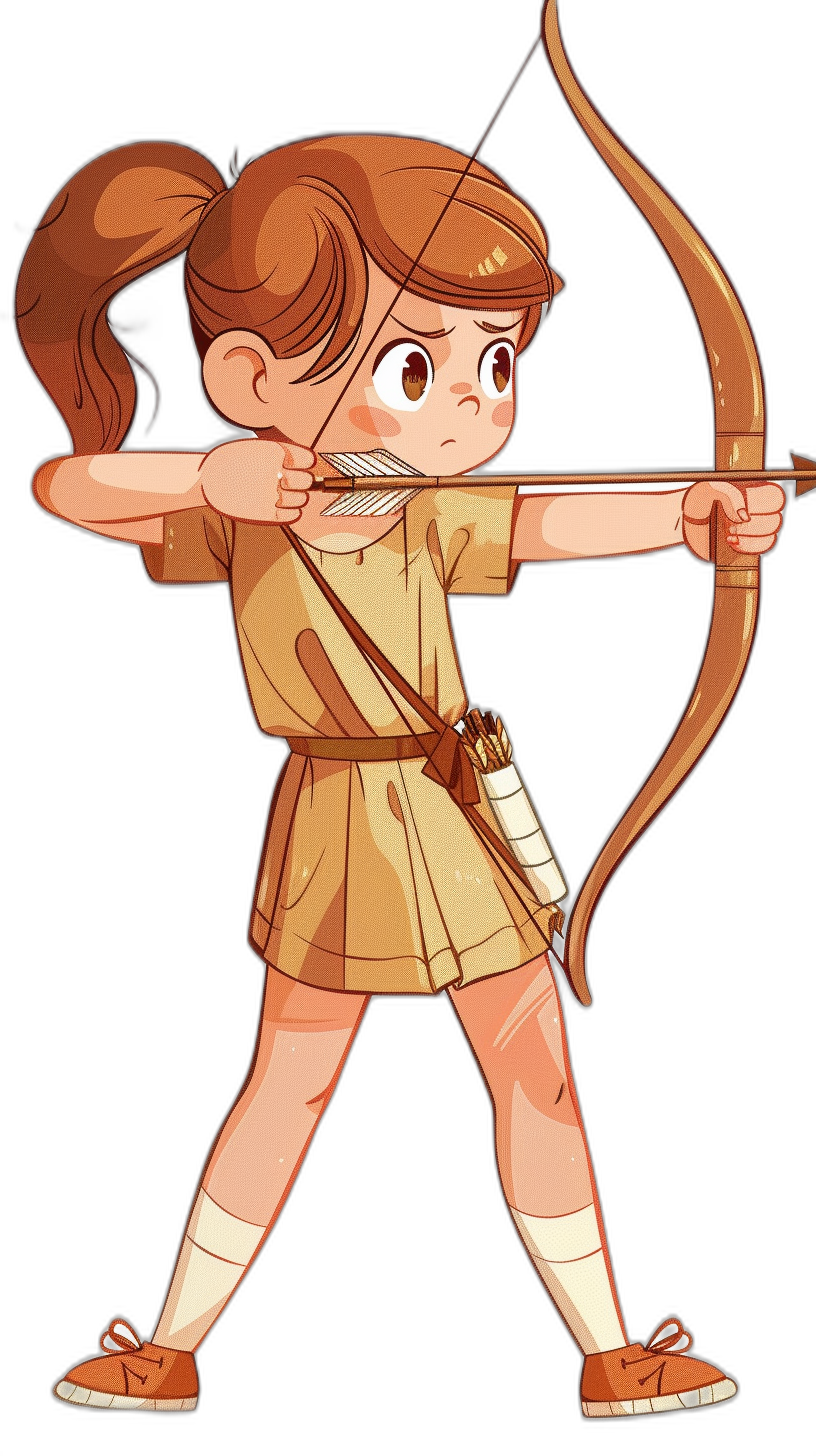 A cute little girl in the style of Greek mythology, a cartoon character with brown hair and bangs tied into one ponytail dressed as an archer wearing simple  holding a bow and arrow ready to shoot on a black background, in the style of [Studio Ghibli](https://goo.gl/search?artist%20Studio%20Ghibli), a full body illustration shown in a full length view.