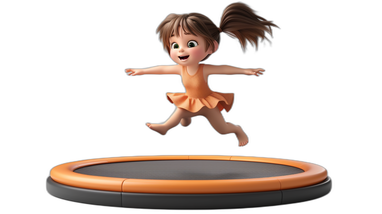 A cute little girl is jumping on the trampoline in the style of Pixar, in the style of Disney animation, on a black background, with 3D rendering, from a 45 degree perspective view, as a full body shot, wearing an orange dress with brown hair in long pigtails and big eyes in a cartoon character design that is cute and dreamy with high resolution.