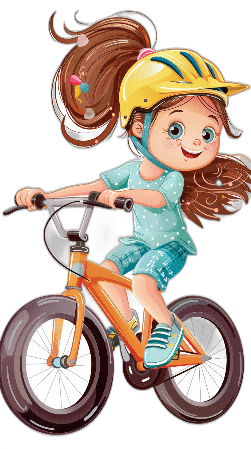 cartoon girl riding bike, vector illustration for tshirt design, solid black background, cute and happy expression, full body view of the little biker with helmet and big eyes, brown hair in a ponytail wearing a blue shirt with white polka dots and green shorts, colorful cartoon style, high resolution vector