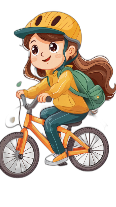 Cute girl cartoon riding bike, wearing a yellow helmet and green backpack, black background, simple illustration style, flat vector graphic design, without shadows or gradients. She is smiling while riding her orange bicycle with two wheels. The character has big eyes and long brown hair tied back in pigtails. Her outfit includes blue jeans and an oversized hoodie. There should be some light effects on her head to make it look like she's having fun, in the style of.