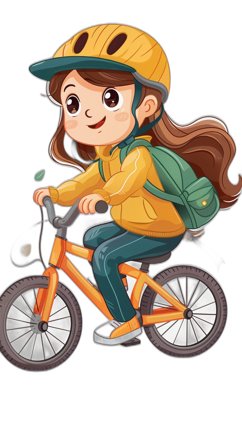 Cute girl cartoon riding bike, wearing a yellow helmet and green backpack, black background, simple illustration style, flat vector graphic design, without shadows or gradients. She is smiling while riding her orange bicycle with two wheels. The character has big eyes and long brown hair tied back in pigtails. Her outfit includes blue jeans and an oversized hoodie. There should be some light effects on her head to make it look like she’s having fun, in the style of.