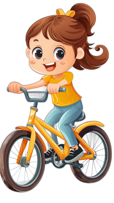 A cute little girl is riding an orange bike in the style of a cartoon, vector illustration with a black background. She has big eyes and brown hair in pigtails. She wears blue jeans and a yellow shirt with white sneakers on her feet. The bicycle's wheels have dark grey rims. Her hands tightly hold onto the handlebar to keep her balanced while she rides. It should be a full body shot with no shadows on her face or arms.