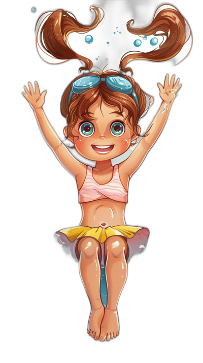 Cute little girl cartoon avatar, wearing pink and white top with yellow skirt, big eyes, brown hair in pigtails, blue swimming goggles on head, jumping up pose, black background, bubbles around body, fullbody shot, cute style, colorful illustration. high resolution