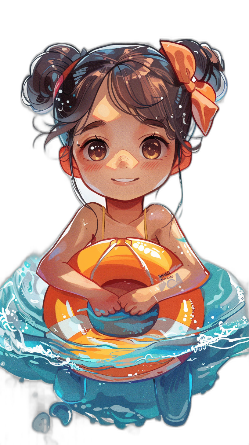 Cute little girl with swimming ring, chibi style, digital art in the style of [Artgerm](https://goo.gl/search?artist%20Artgerm), anime, kawaii, black background, water ripples, swimming pool, happy expression, orange and blue color scheme, detailed hair texture, vibrant colors, cartoonish features.