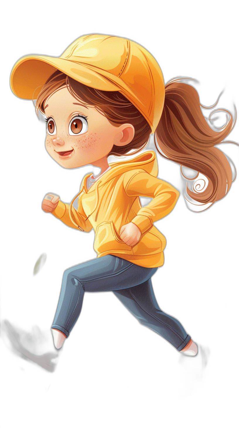 A cute girl in a yellow cap and hoodie is sport walking on a black background in the chibi style. It is a digital art in the style of Disney Pixar studio with soft light and high resolution details.