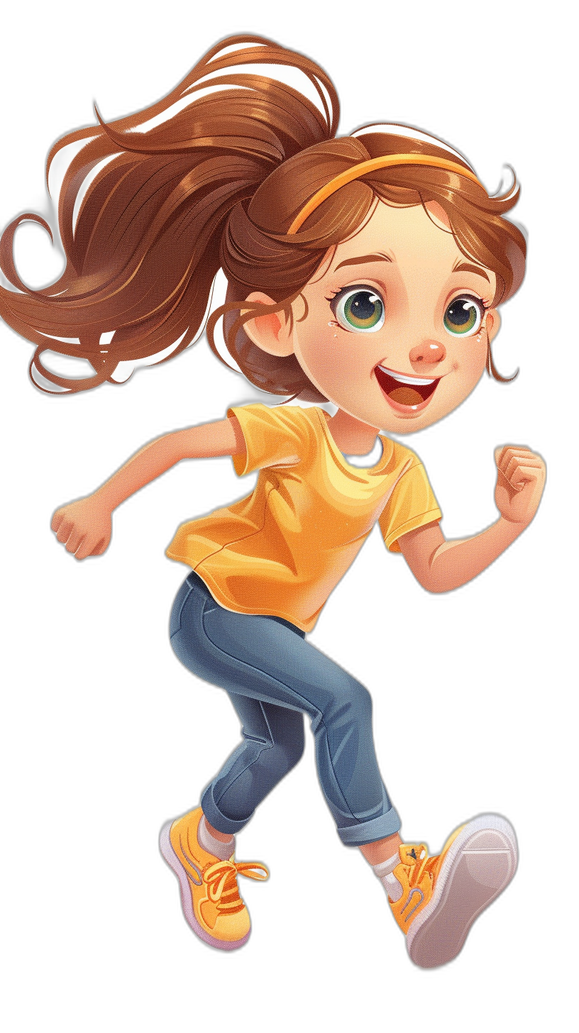 Cute girl cartoon character running and smiling with big eyes and long brown hair in a ponytail. She is wearing a yellow shirt, blue jeans, and orange shoes on a black background, in the style of an anime artist.