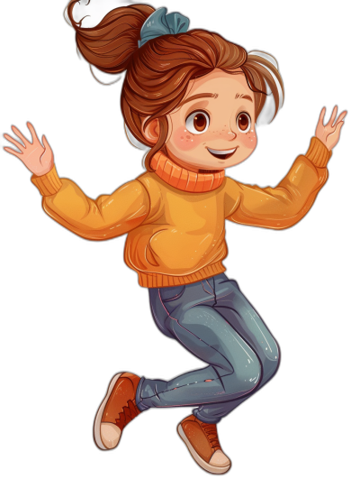 A cute girl with brown hair in pigtails, wearing an orange sweater and blue jeans is jumping for joy. The illustration style should be vibrant and cartoonish, suitable for children's book illustrations or Disney animation character design. Isolated on a black background.