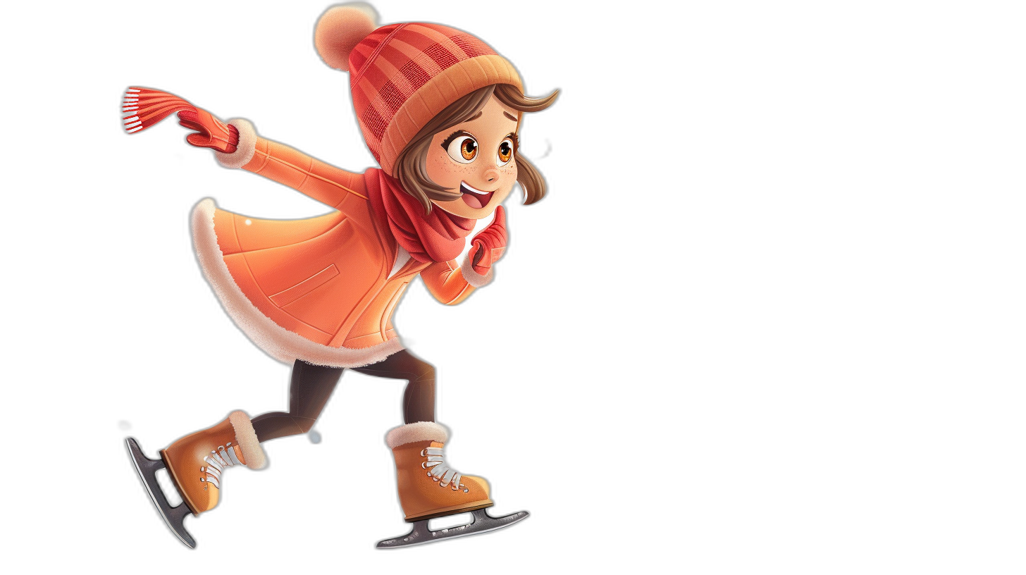 A cute girl ice skating in the style of cartoon, black background, high resolution, high quality, high detail, in the style of Pixar art.