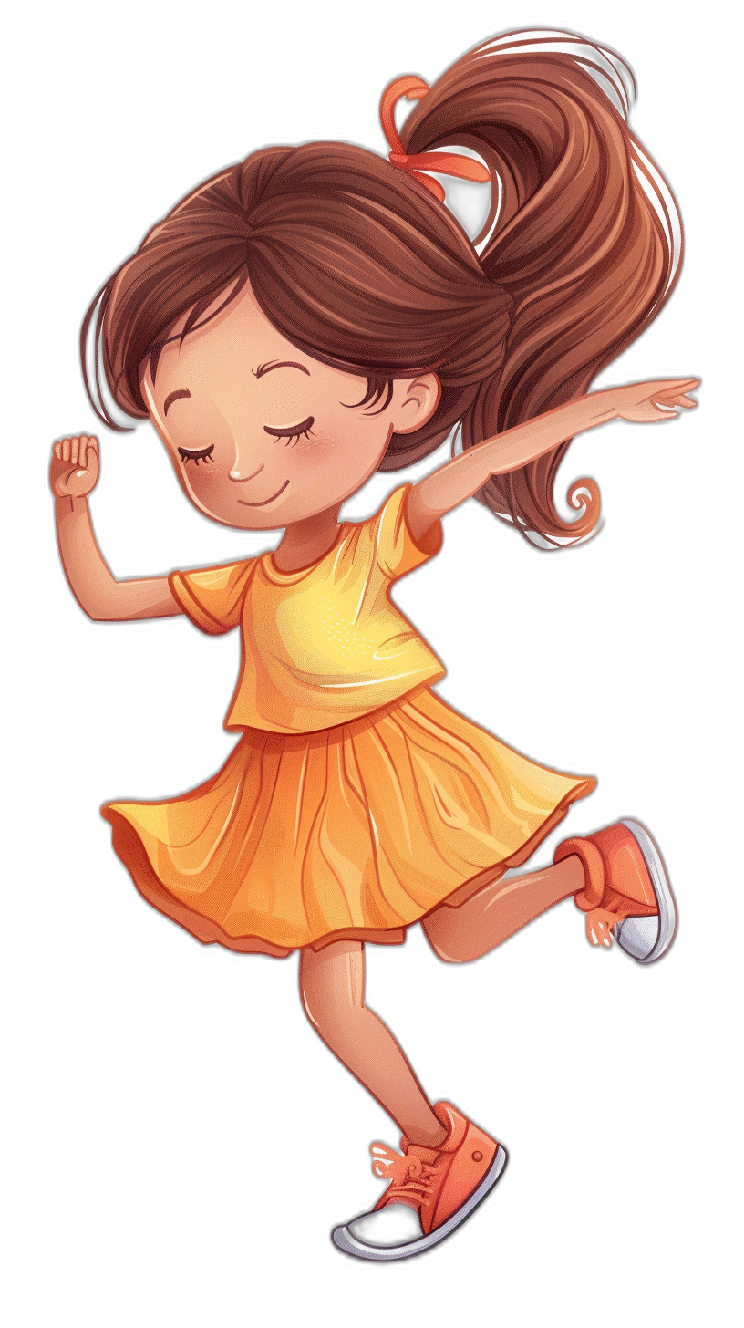 A cute little girl in a yellow dress and orange shoes is jumping, smiling with closed eyes. She has brown hair in a ponytail in the style of a cartoon on a black background.