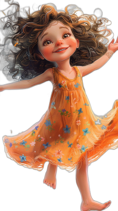 A cute little girl, wearing an orange dress with blue flowers on it, brown curly hair and big eyes smiling happily while dancing in the air, full body shot, Disney style cartoon character, black background, detailed illustration, beautiful digital art in the style of [Greg Rutkowski](https://goo.gl/search?artist%20Greg%20Rutkowski).