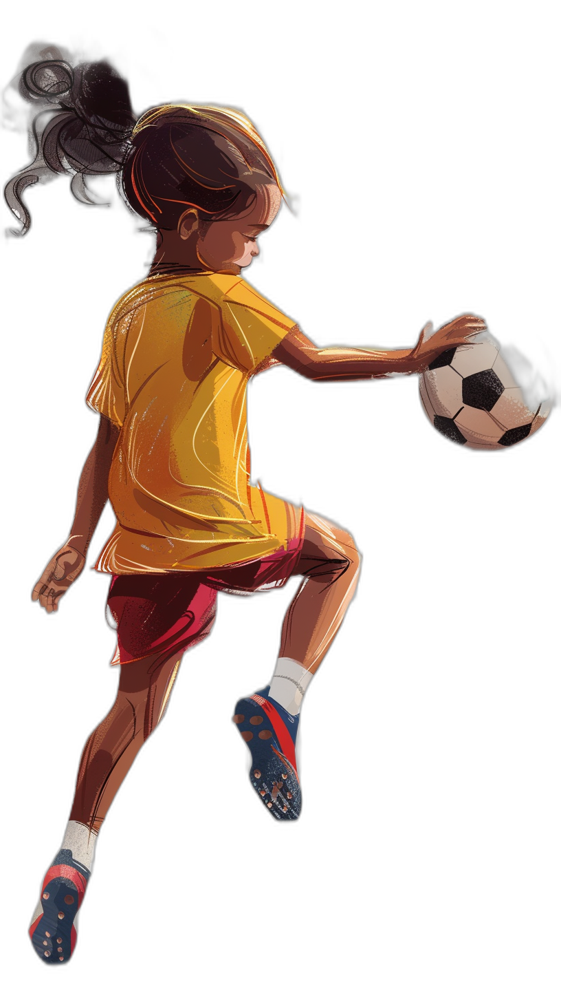 Side view of an illustration in the style of [Atey Ghailan](https://goo.gl/search?artist%20Atey%20Ghailan) and Nyo, of a young girl wearing a yellow t-shirt with red shorts kicking a soccer ball on a black background, full body shot, action pose, character design sheet.