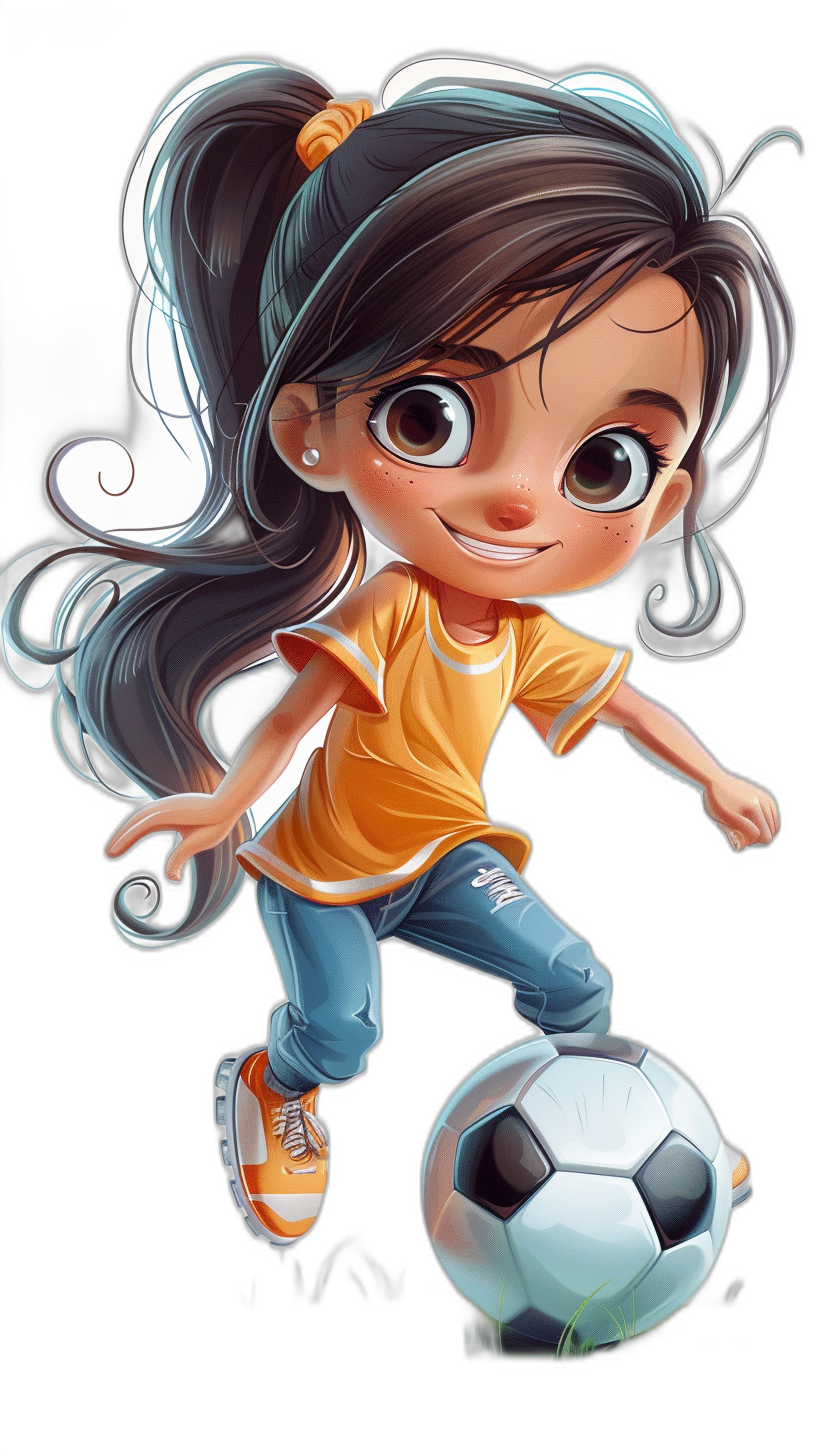 A cute little girl playing football, wearing an orange Tshirt and blue jeans with white sneakers on her feet, has long black hair tied in one ponytail, big eyes, happy expression, cartoon style, full body portrait, pure black background, cartoon character design, high definition details, bright colors, and lively movements.,,in