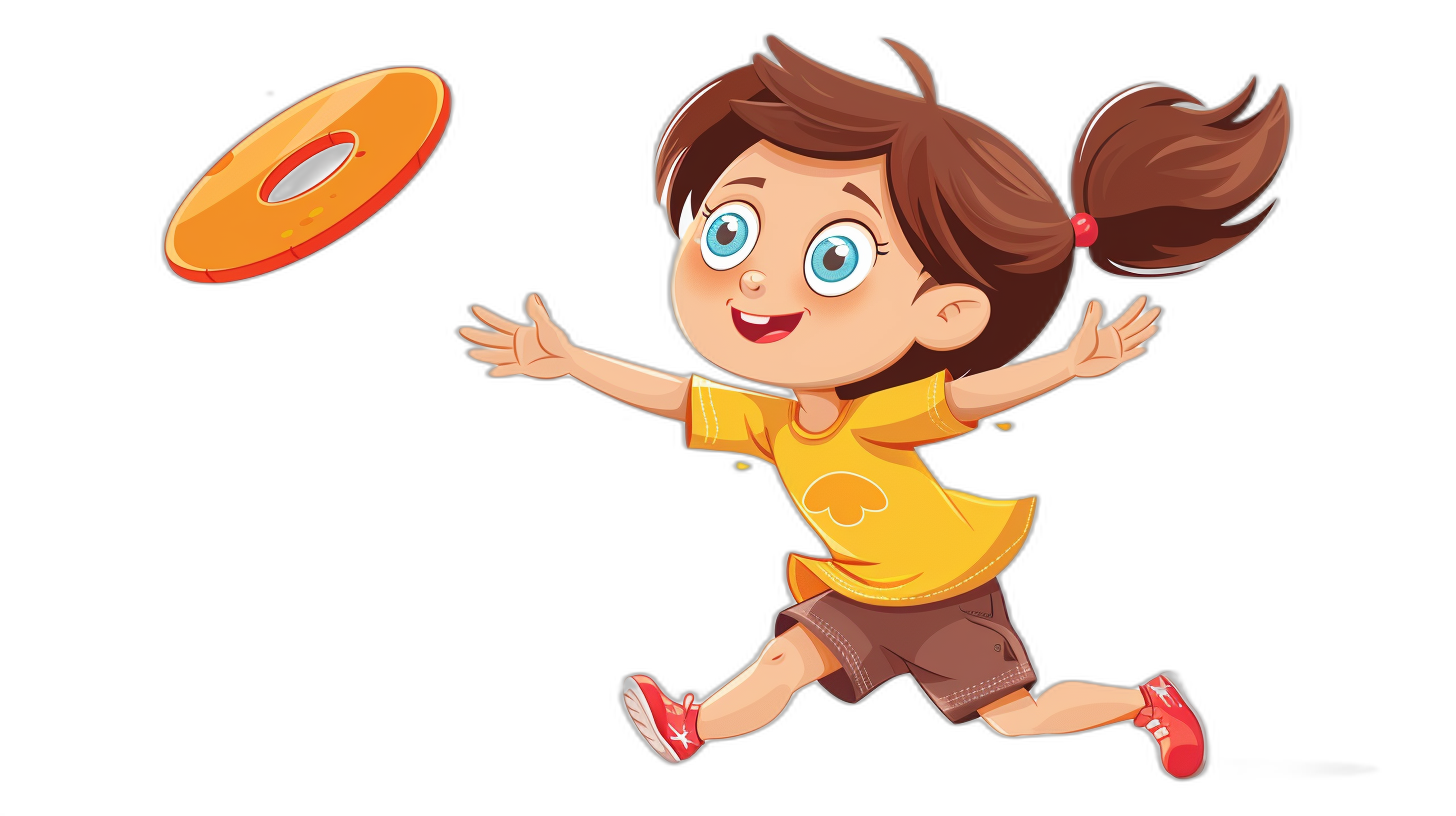 A cute little girl is playing frisbee in the style of a cartoon vector illustration with a black background. She has brown hair and blue eyes wearing a yellow t-shirt, red shoes and short pants. The girl throws the frisbee to play sports. A joyful moment of a kid enjoying their activity. Vector Illustration design for print on demand products, posters or wallpaper. Isolated on a Black Background.