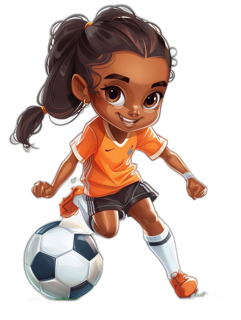 An illustration of a cute chibi black girl playing soccer, wearing an orange and white jersey, on a black background, in a cartoon style, digital art in the style of Pixar Disney animation, a full body shot.