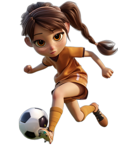 3D character of a little girl playing soccer, with brown hair in a ponytail and bangs, on a black background, in the style of Disney cartoon adopting the art style of anime-inspired characters with large eyes, full body, in a jumping pose kicking a ball with her foot on the ground.