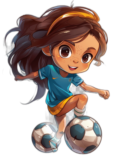 chibi style cartoon of a girl soccer player with brown hair and a blue shirt, yellow shorts and white socks playing a football, black background, 2D game art, detailed character illustrations, in the style of airbrush art, very realistic, award winning artwork, super high detail, studio lighting, octane render