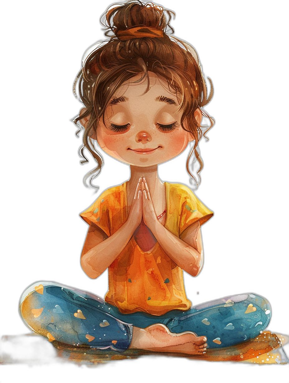 A cute little girl doing yoga with a happy expression. A Disney style cartoon character illustration in the style of watercolor texture as a full body portrait against a black background with pastel colors. She is wearing a yellow t-shirt and blue pants with hands clasped in prayer and a smiling face with detailed facial features and curled up hair against a simple background with soft lighting in high resolution.