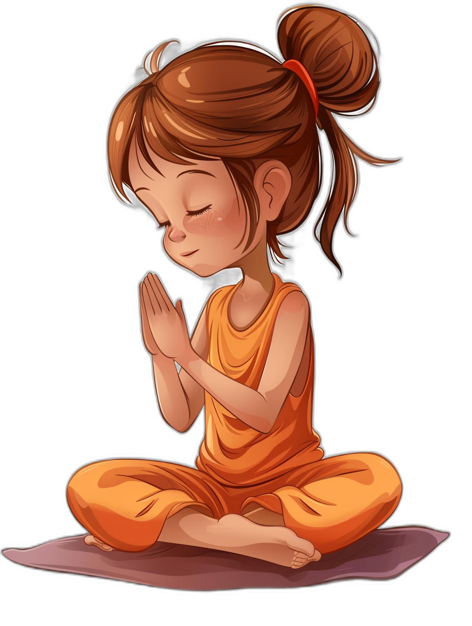 A little girl doing yoga in a simple flat cartoon style on a black background with simple lines as a vector illustration doing a full body portrait. She is wearing orange  with her hands clasped together in prayer with closed eyes and her head tilted up slightly. She has brown hair tied into two pigtails that is shiny. The hair is long at the bottom of her head and short on top. Her feet were placed above one leg.