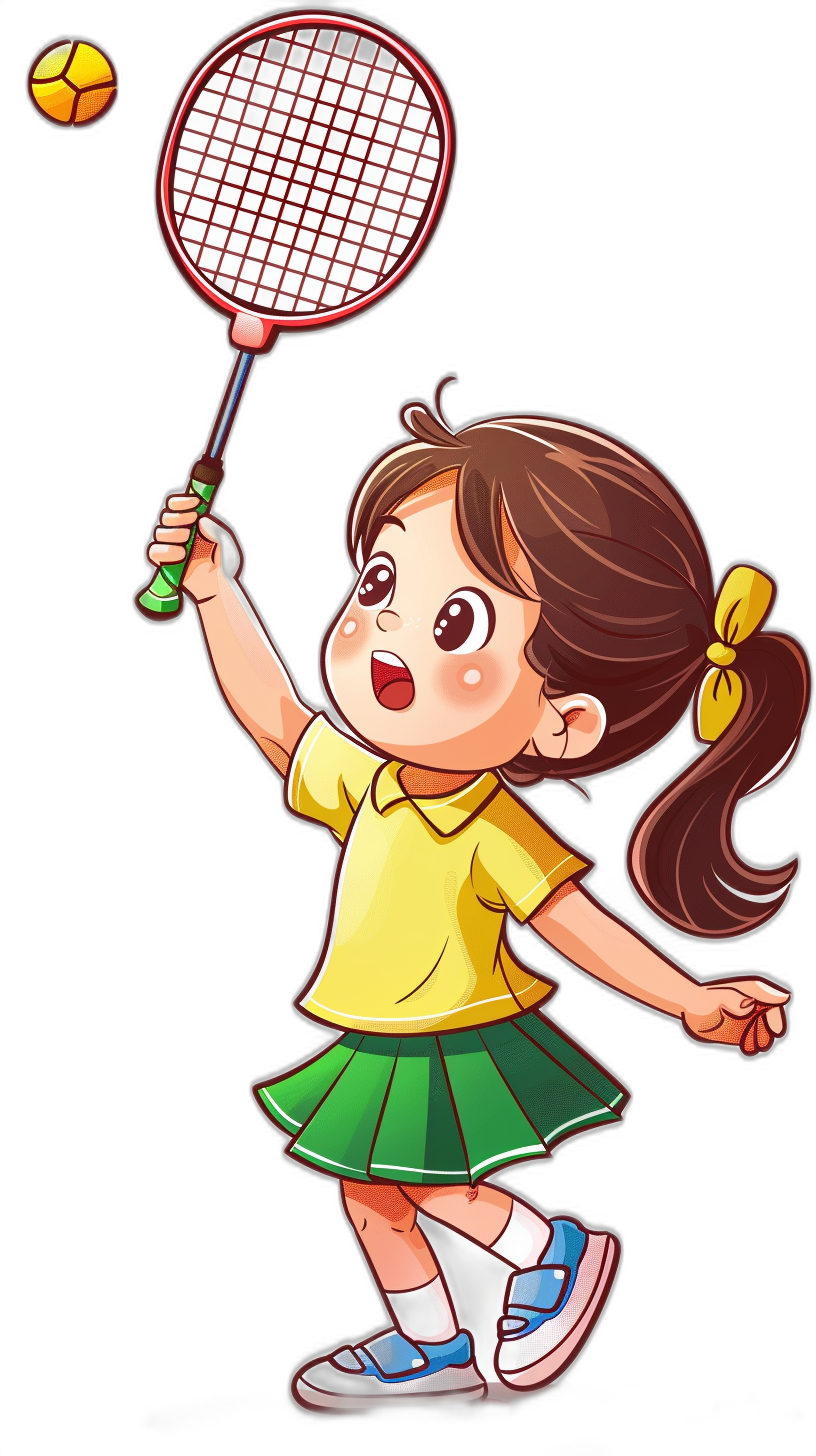 A cute little girl playing badminton in the style of a cartoon vector illustration with a black background. She is wearing a yellow t-shirt and green skirt. Her hair is in a ponytail hairstyle. The children’s character has bright colors. It comes from the center of her face to one side. She holds her racket above her ready for action. There was light on it. High resolution.