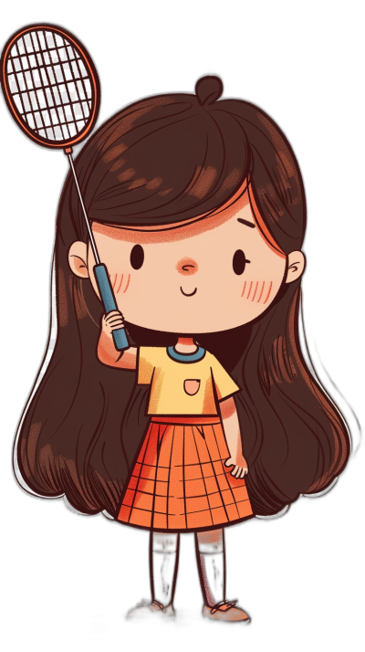 A cute little girl holding a badminton racket sticker, with a black background, in the vector illustration style, with a simple drawing style, using solid color blocks, with graphic design elements, like cartoon characters, with simple lines, resembling children's book illustrations, with a cute and dreamy atmosphere. She has long brown hair with bangs, wearing an orange plaid skirt and a white t-shirt underneath, with ankle boots on her feet. The overall composition is symmetrical and balanced, with bright colors that reflect the joy of playing sports.