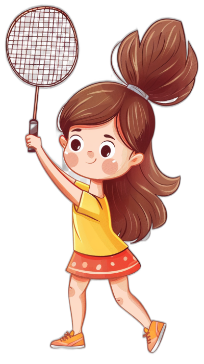 A cute little girl playing badminton, a simple flat style illustration with a black background and yellow shirt and skirt, brown hair in a ponytail hairstyle, holding a racket, a cartoon character design, high quality, detailed rendering, bright colors, high resolution, no shadows on the body.