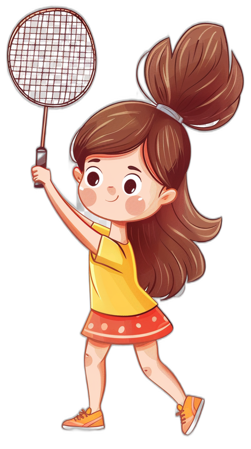 A cute little girl playing badminton, a simple flat style illustration with a black background and yellow shirt and skirt, brown hair in a ponytail hairstyle, holding a racket, a cartoon character design, high quality, detailed rendering, bright colors, high resolution, no shadows on the body.