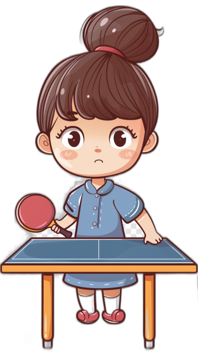 Cute cartoon girl playing table tennis, vector illustration, simple style, black background, high resolution, no shadows on the face, wearing blue dress and white shoes, holding red ping pong bat with both hands, sitting at the wooden rectangular player table, hair in bun, brown eyes, happy expression. The lines of facial features should be simple.