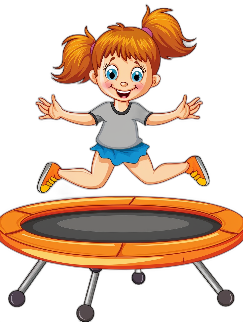 a cartoon girl jumping on trampoline, clip art style with black background