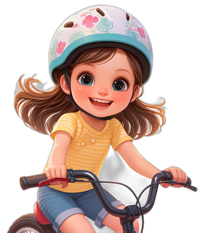 A cute little girl is riding her bike, wearing a helmet and a yellow striped shirt with blue shorts. She has brown hair and big eyes smiling brightly. In the style of cartoon, in the style of Disney Pixar animation, on a black background. The composition focuses right on the character's face, highlighting her features. Bright colors enhance happy emotions.