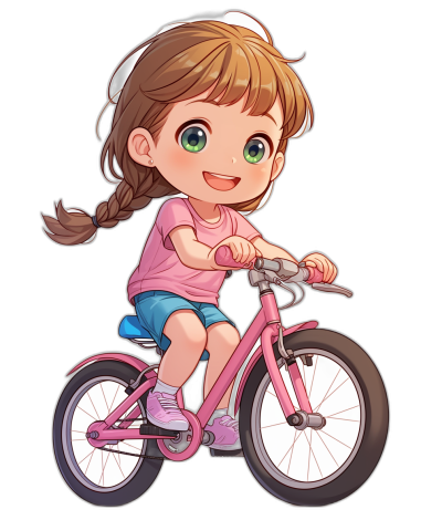 A cute little girl is riding her pink bike, wearing short sleeves and shorts with green eyes. The cartoon character style features high resolution and a pure black background, focusing on the face with the best quality, colorful animation stills, cute illustrations in the style of cartoon realism.