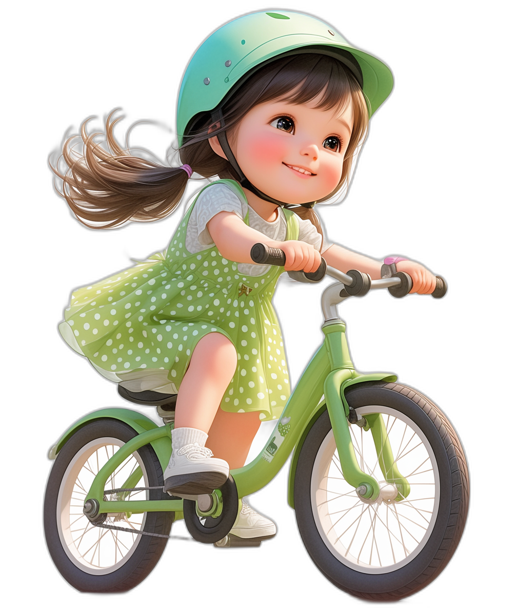 A cute little girl wearing a green helmet and white shoes is riding her bike. She is dressed in a light blue polka dot dress with dark brown hair. The background is green. The style is cartoon with high resolution, colorful animation stills. The still is from an oil painting rendered in 3D with a black background. The design is a cute cartoon full body portrait. She has big eyes.