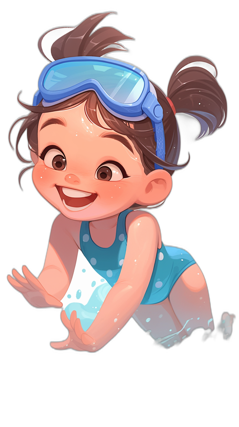 A cute baby girl wearing a blue swimming suit and goggles, smiling happily while crawling on the ground, with a black background, in the style of a flat illustration, with a cartoon character design, simple lines, bright colors, a cute expression, high saturation, clear details, and lively movements.