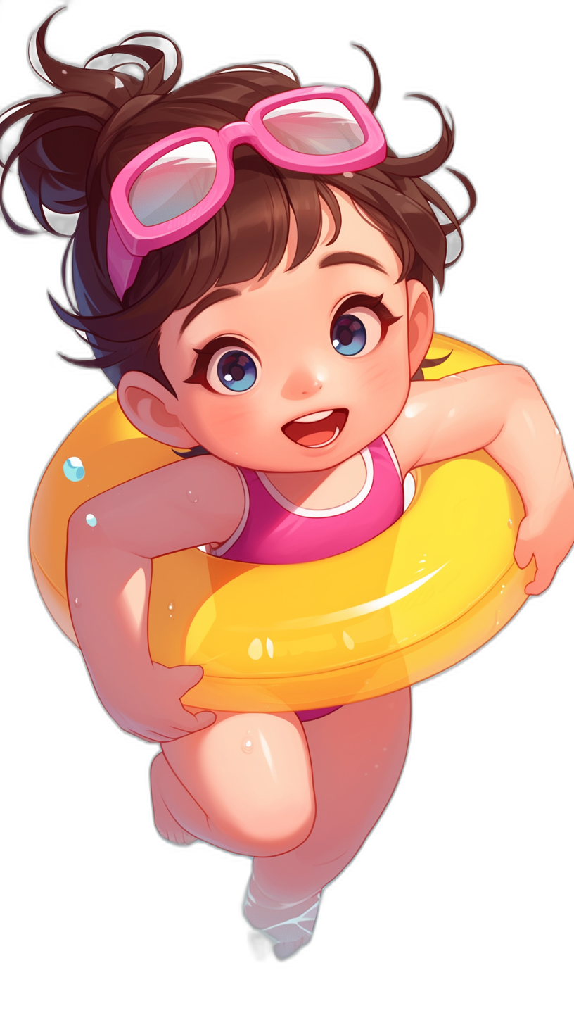 Cute baby girl with pink swimming goggles and a yellow inflatable ring, short brown hair in a ponytail style, smiling face, black background, in the style of cartoon, cute Disney character design, pink one-piece sportswear, holding an inner tube, swimming pool scene, high definition, colorful illustration, simple lines, clear details, cheerful colors, dynamic posture, free movement pose.