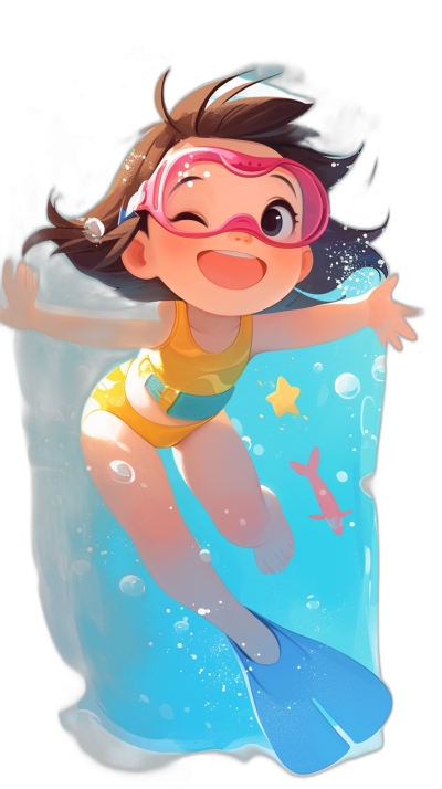 Cute cartoon girl character wearing swimming goggles and flippers, diving in the ocean, swimming with an underwater fabric sheet around her waist on a black background. The style is colorful and cartoon-like, in the style of Disney Pixar animation. It is a full body shot with a cute expression and happy smile on her face.