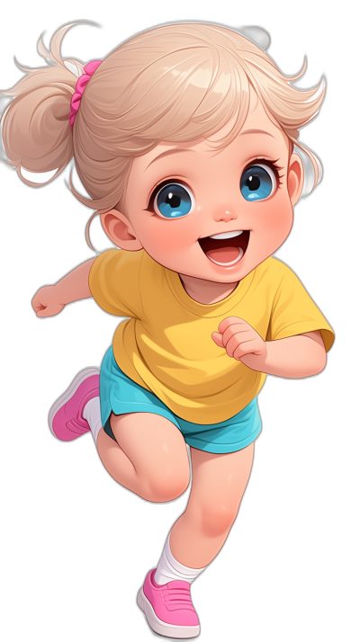 A cute baby girl with big blue eyes and blonde hair in pigtails, wearing pink shoes, is running while smiling happily. She is dressed in a yellow t-shirt and cyan shorts, with an illustration in the style of anime and cartoons. The background of the scene should be pure black to highlight her vibrant colors. This design would make for adorable wallpaper or avatar, focusing on her face.