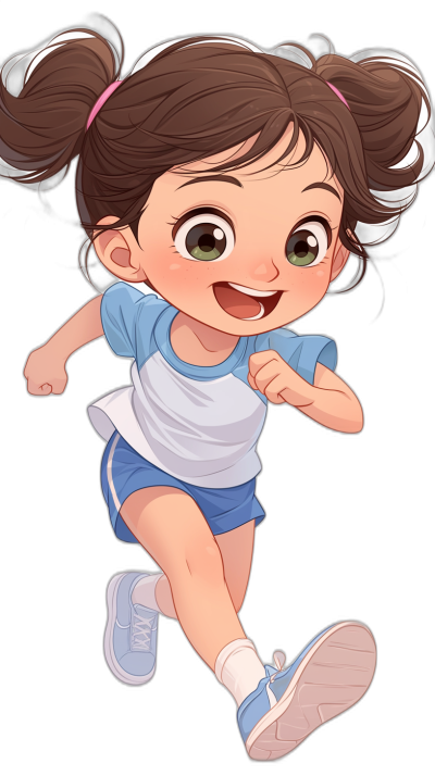 Cute cartoon girl running, wearing blue and white sports shorts with ponytails in her hair, smiling face, happy expression, full body portrait, simple background, solid black background, lively action pose, in the style of Qversion manga, high definition