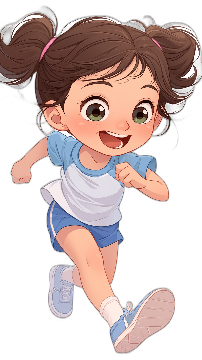 Cute cartoon girl running, wearing blue and white sports shorts with ponytails in her hair, smiling face, happy expression, full body portrait, simple background, solid black background, lively action pose, in the style of Qversion manga, high definition