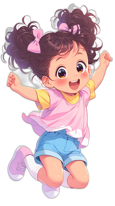 A cute baby girl wearing a pink shirt and blue shorts, with big curly hair in two pigtails, is jumping up in the air posing and smiling in the style of a kawaii style. It is a chibi anime character illustration on a black background with a 2D flat design using high contrast colors and a vibrant color palette. The cute detailed artwork is high resolution and high quality.