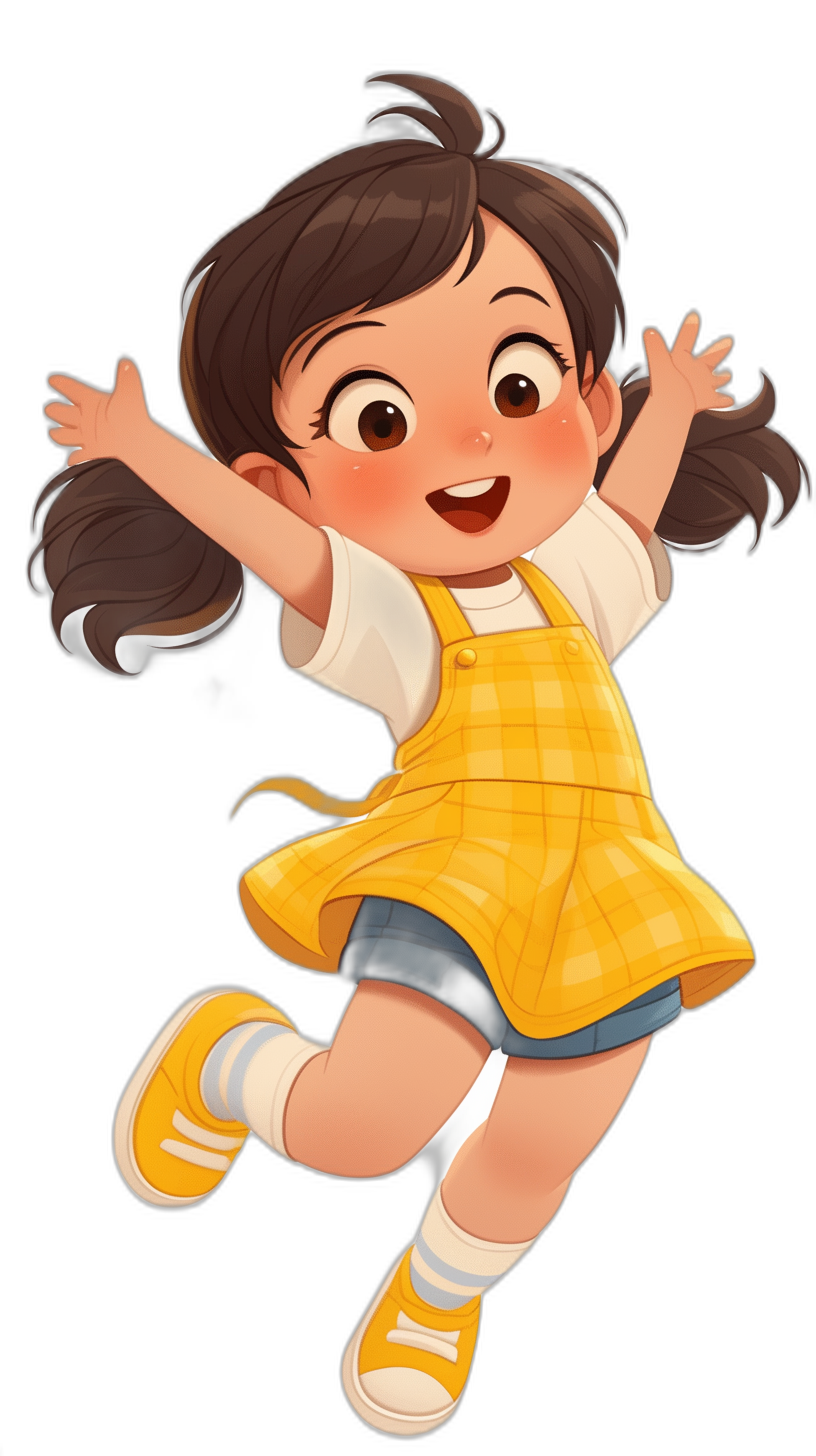 Cute girl cartoon avatar, wearing yellow overalls and a white T-shirt, jumping up with a happy expression on her face. Black background, in the style of Pixar. She has brown hair tied in two ponytails, big eyes, a bright smile, a high saturation color scheme, and lively movements with smooth lines.