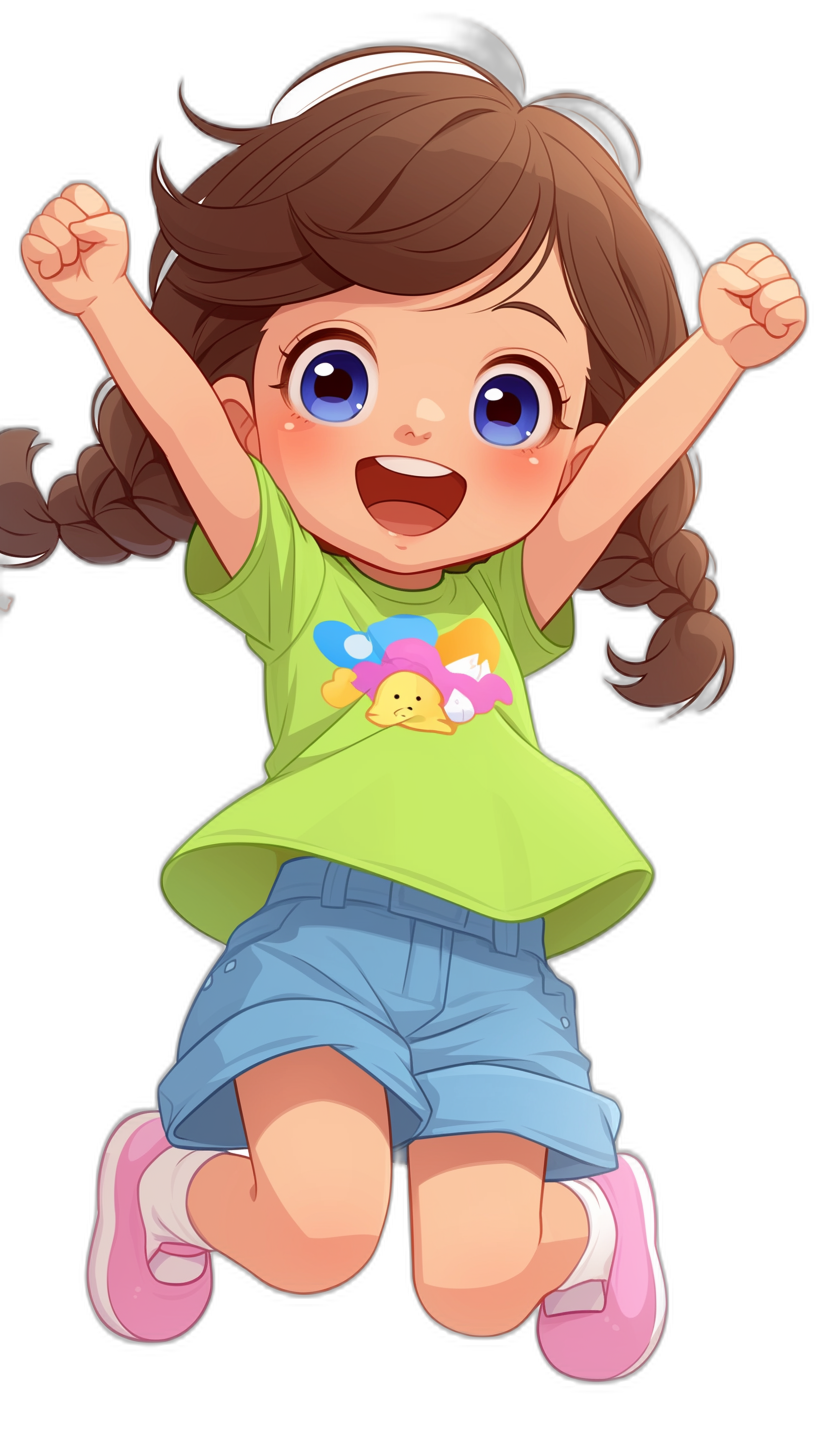 A cute little girl with a happy expression is jumping up with her hands raised in the air. She is wearing a green short-sleeved top and blue shorts on her lower body along with pink shoes. She has big eyes and her hair is in a double ponytail style. Her face shows a smiling expression with colorful and cartoon-like anime character design details in her  and facial features against a black background presented with high resolution and definition.