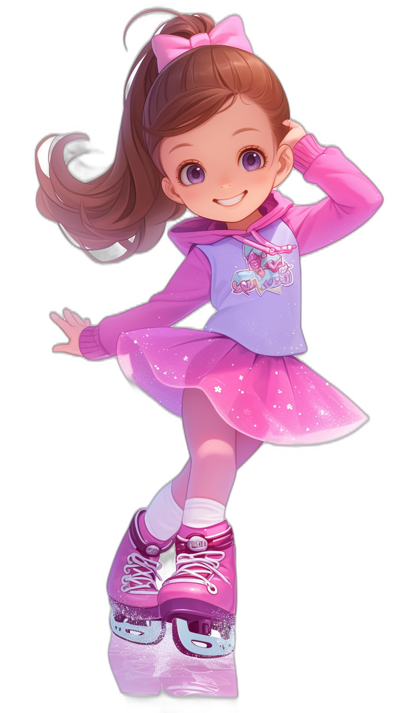 A cute little girl, wearing pink and purple with short sleeves and skirt, ice skating shoes on her feet, brown hair in a ponytail style, simple background, cartoon character design in the style of 2D game art with cartoon realism, full body portrait, bright colors, high definition.